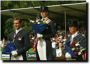 the podium at the 2003 Dutch Dressage Championships: Teeuwissen, Van Grunsven and Bontje - all will be absent during the first Olympic selection trial this year